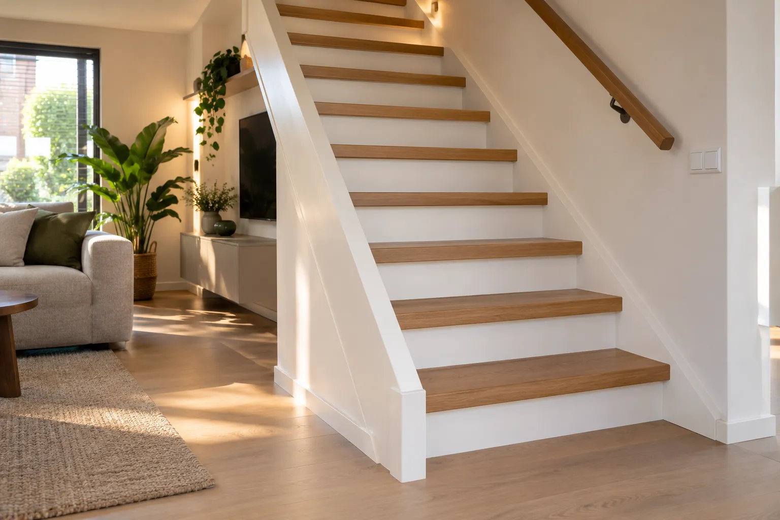 Dichte trap in een woonkamer met witte stootborden en eiken treden, zoals een open trap na het dichtmaken