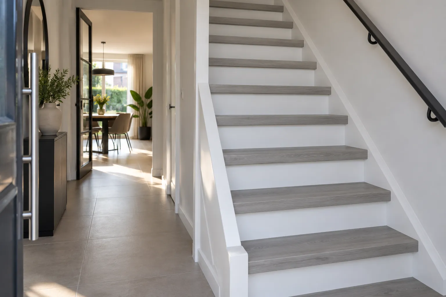 Trap gerenoveerd met grijze pvc-overzettreden in houtlook en witte stootborden