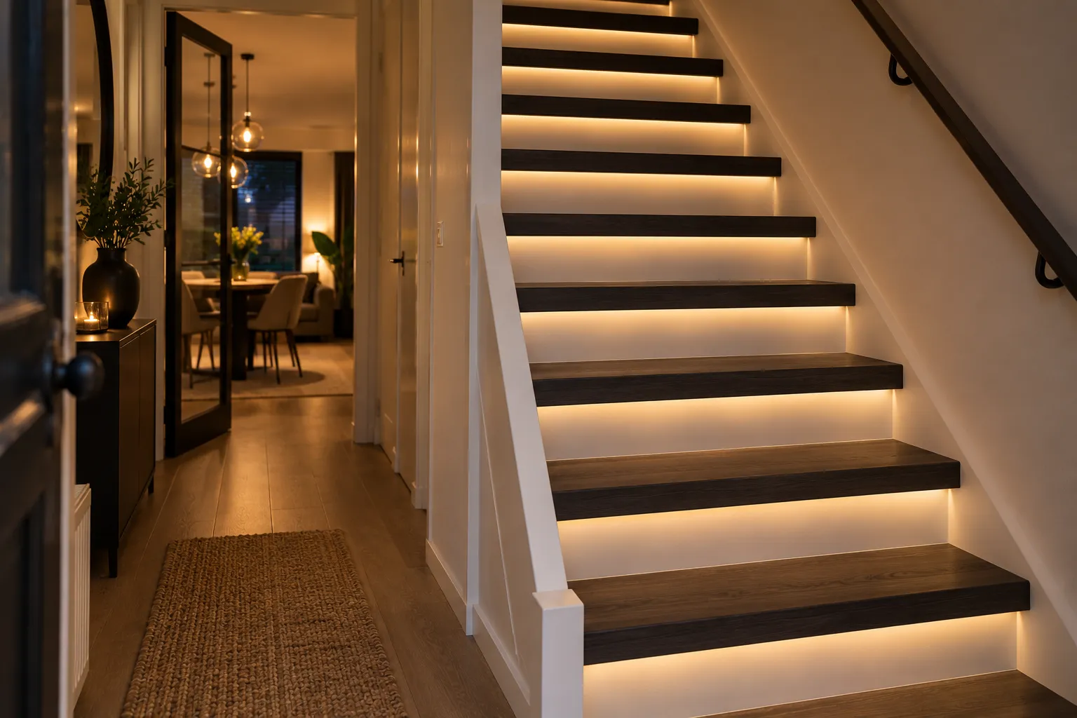 Trap met ledverlichting onder de neus van elke trede, donkere treden en witte stootborden